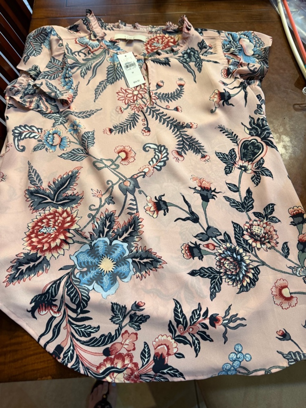Loft Floral Ruffle Sleeve Top in Blush Pink